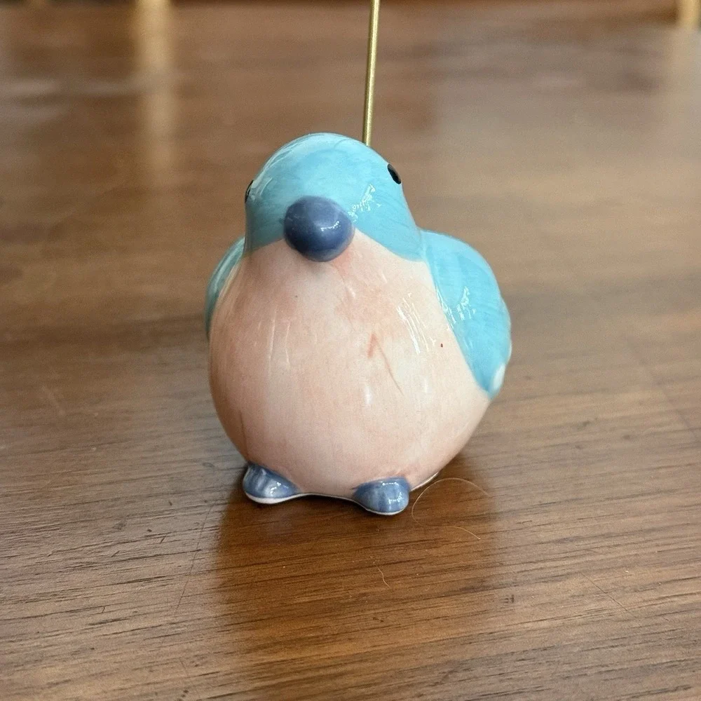 Ceramic Bluebird Figurine Photo Memo Place Card Holder Gold Wire Clip Blue Pink